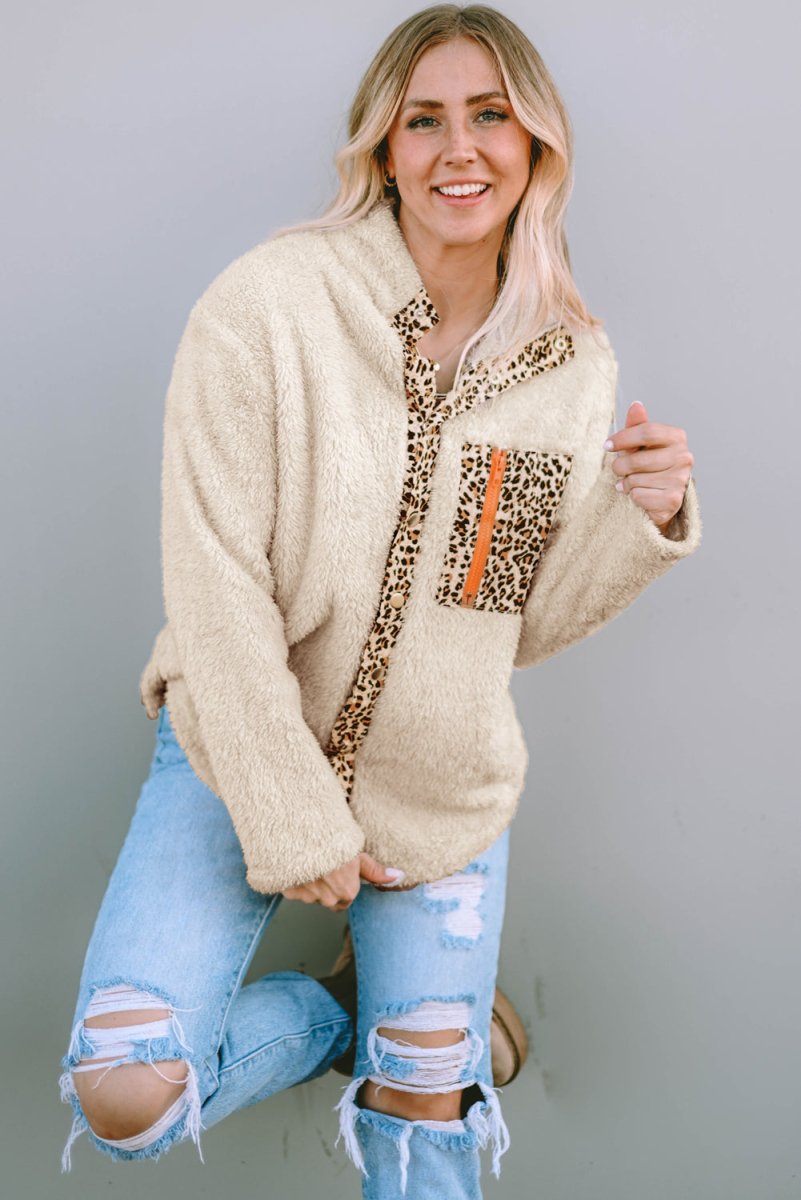 Leopard Snap Down Pocketed Collared Neck Jacket - Outerwear