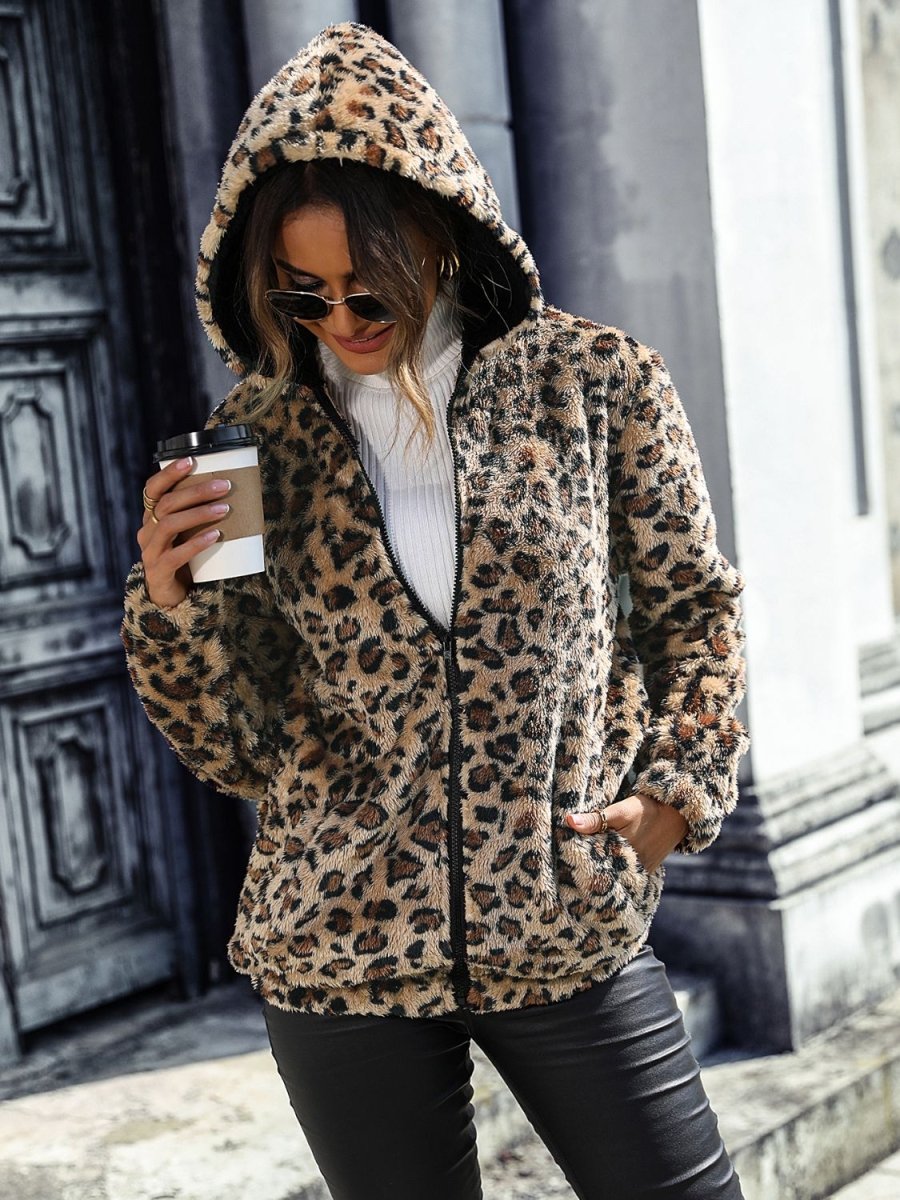 Leopard Zip - Up Hooded Jacket - Outerwear