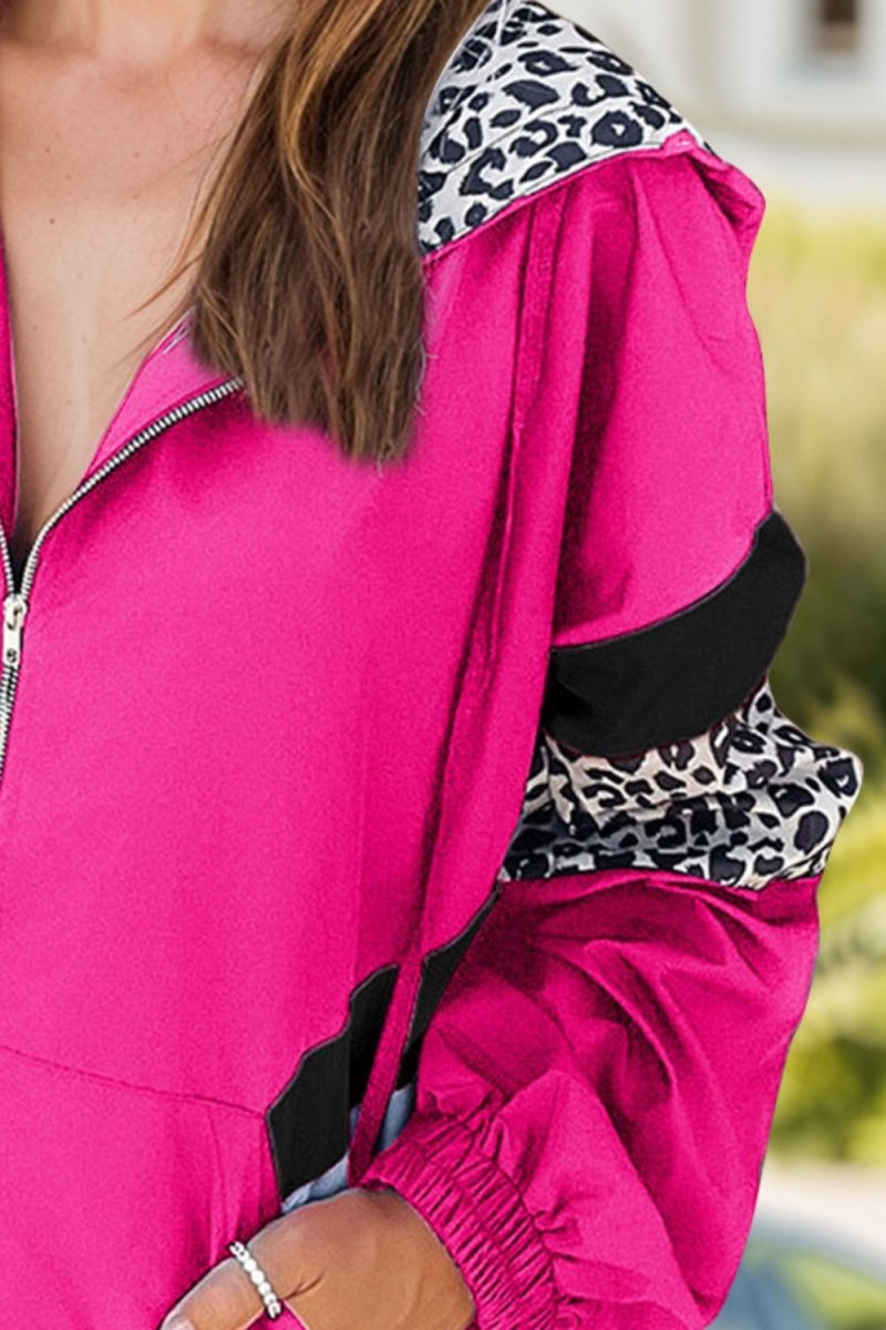 Leopard Zip Up Long Sleeve Hooded Jacket - Outerwear