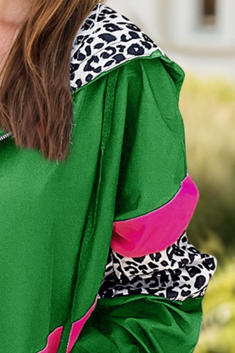 Leopard Zip Up Long Sleeve Hooded Jacket - Outerwear