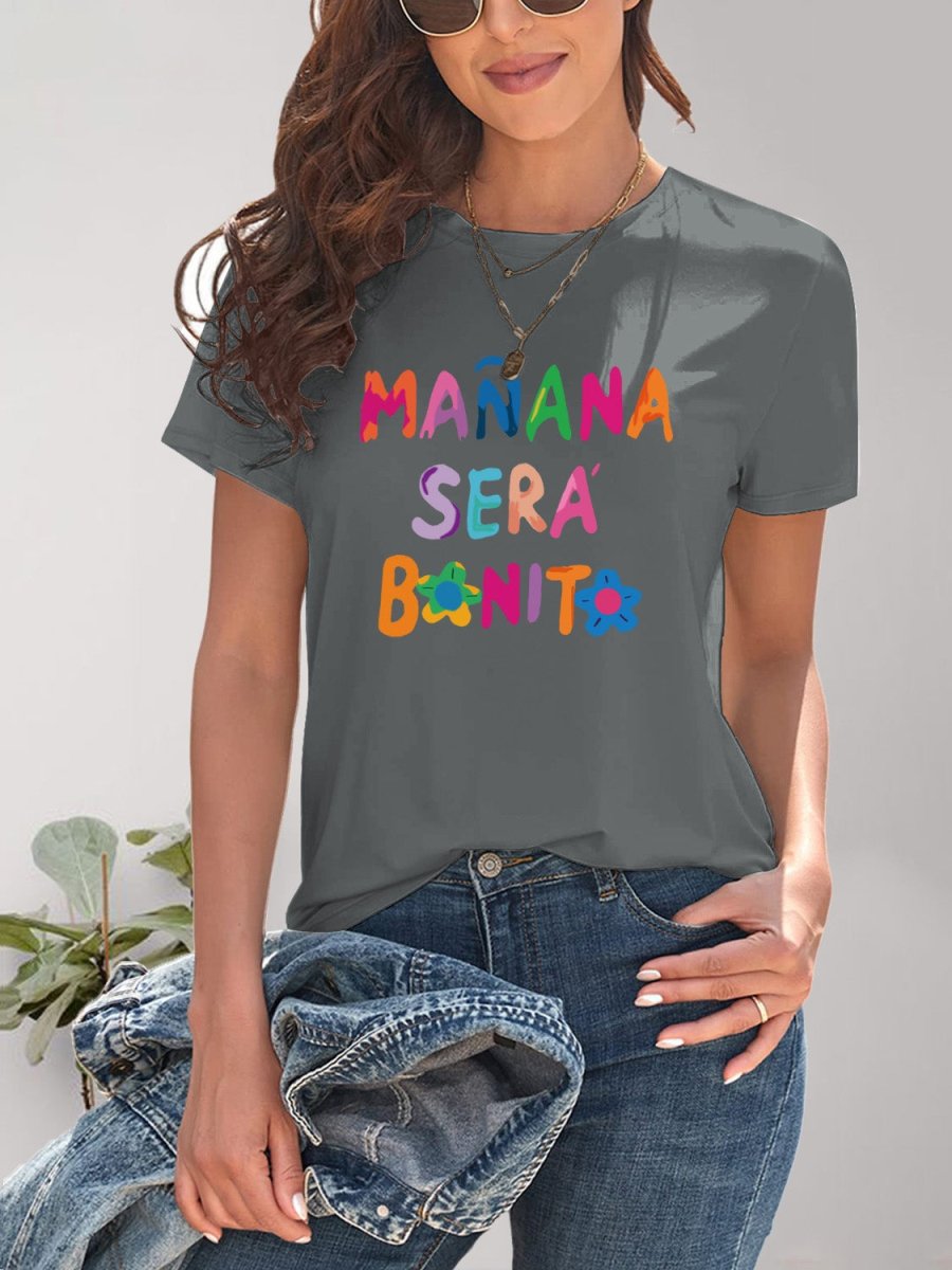 Letter Graphic Round Neck Short Sleeve T-Shirt - Top