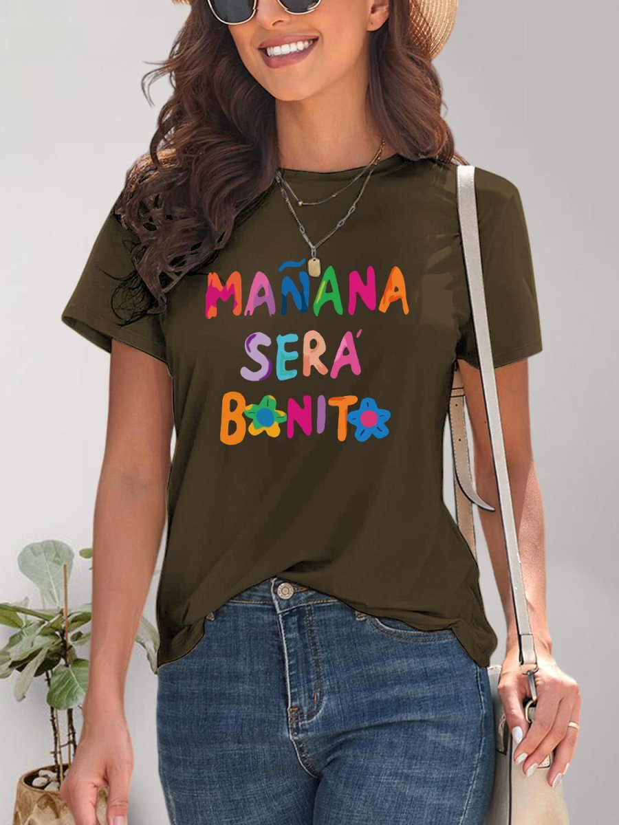 Letter Graphic Round Neck Short Sleeve T-Shirt - Top