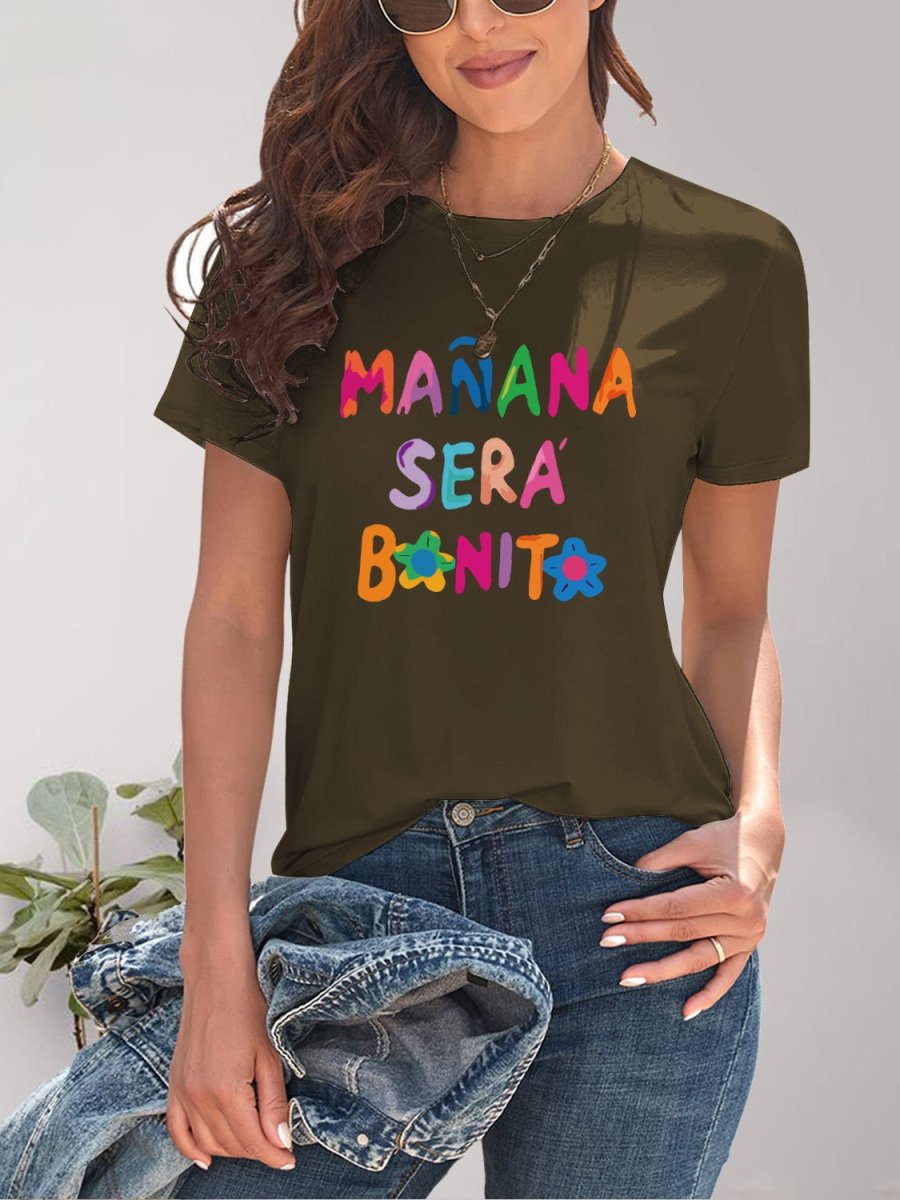 Letter Graphic Round Neck Short Sleeve T-Shirt - Top