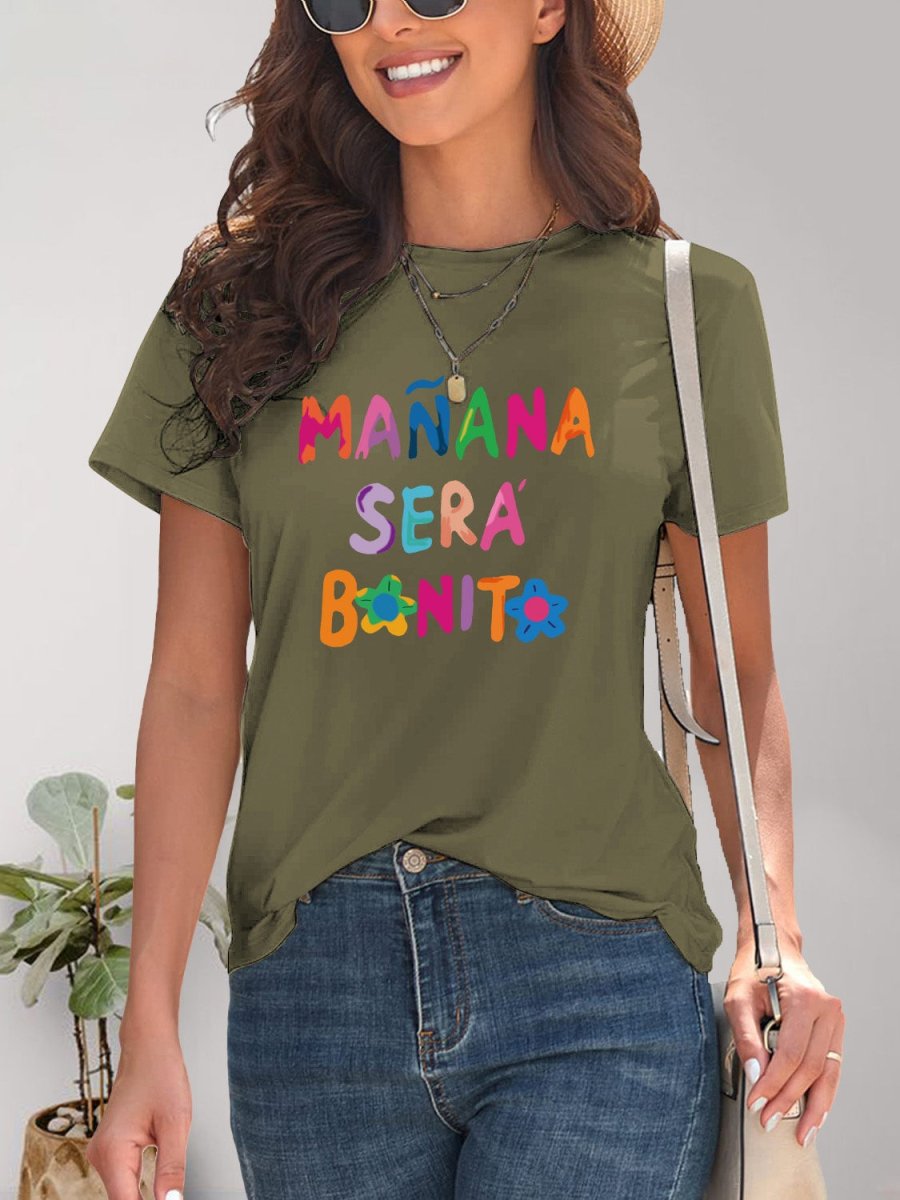 Letter Graphic Round Neck Short Sleeve T-Shirt - Top