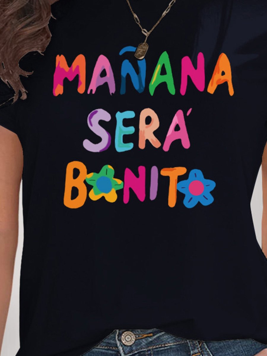 Letter Graphic Round Neck Short Sleeve T-Shirt - Top