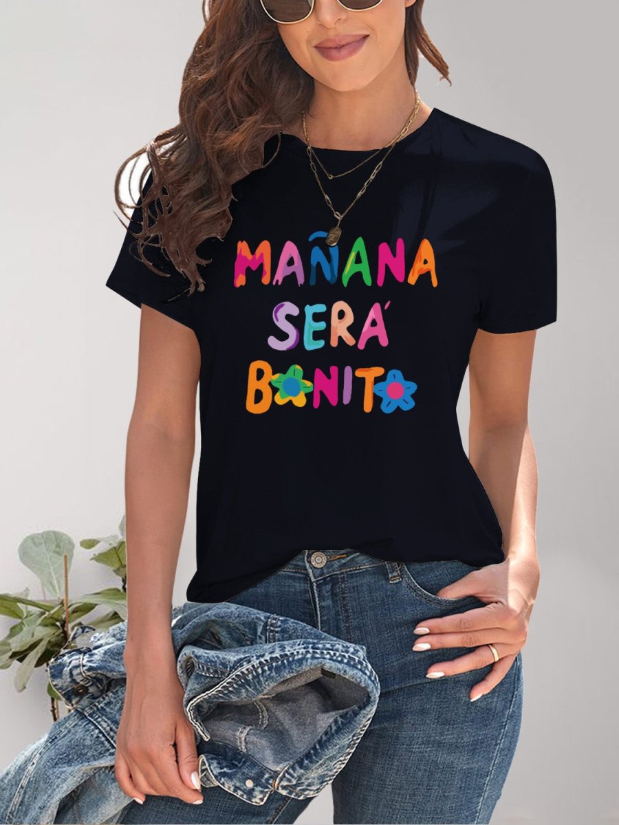 Letter Graphic Round Neck Short Sleeve T-Shirt - Top