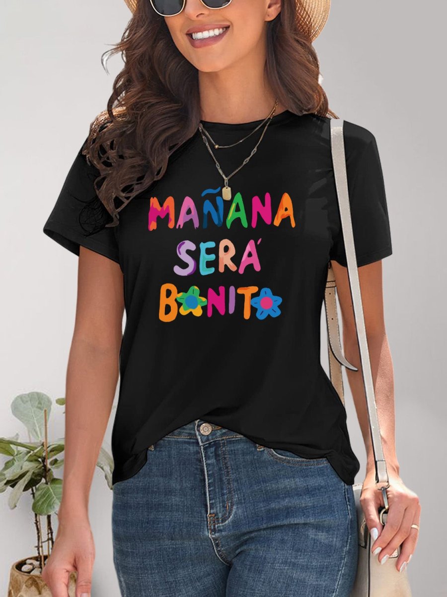 Letter Graphic Round Neck Short Sleeve T-Shirt - Top