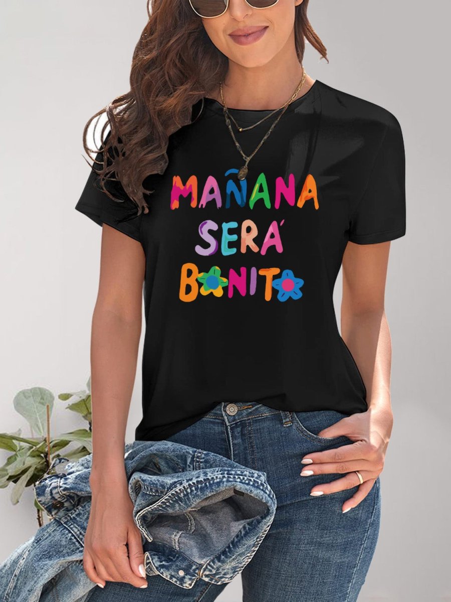 Letter Graphic Round Neck Short Sleeve T-Shirt - Top
