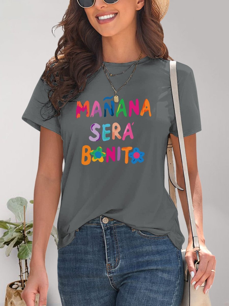 Letter Graphic Round Neck Short Sleeve T-Shirt - Top