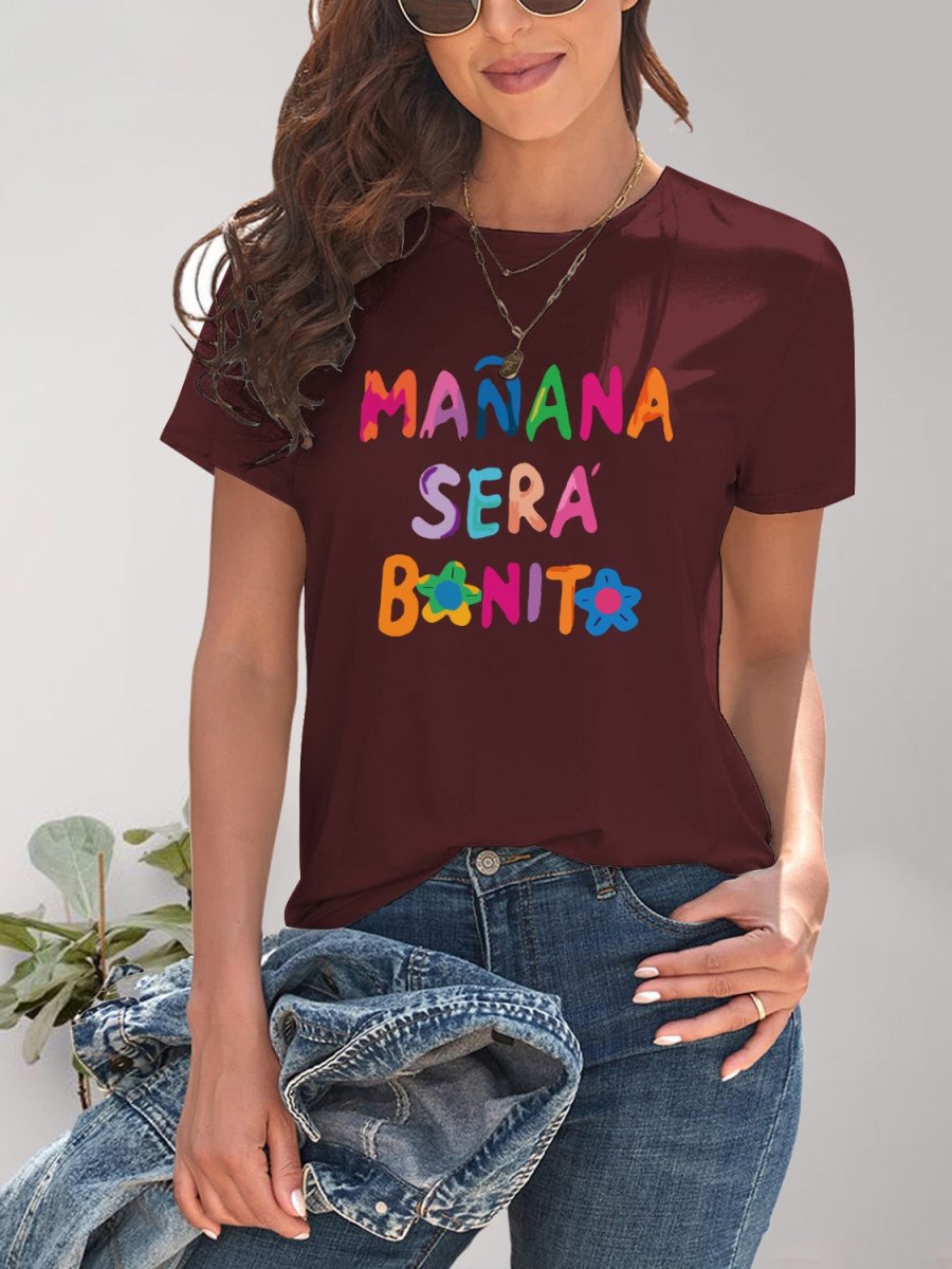Letter Graphic Round Neck Short Sleeve T-Shirt - Top