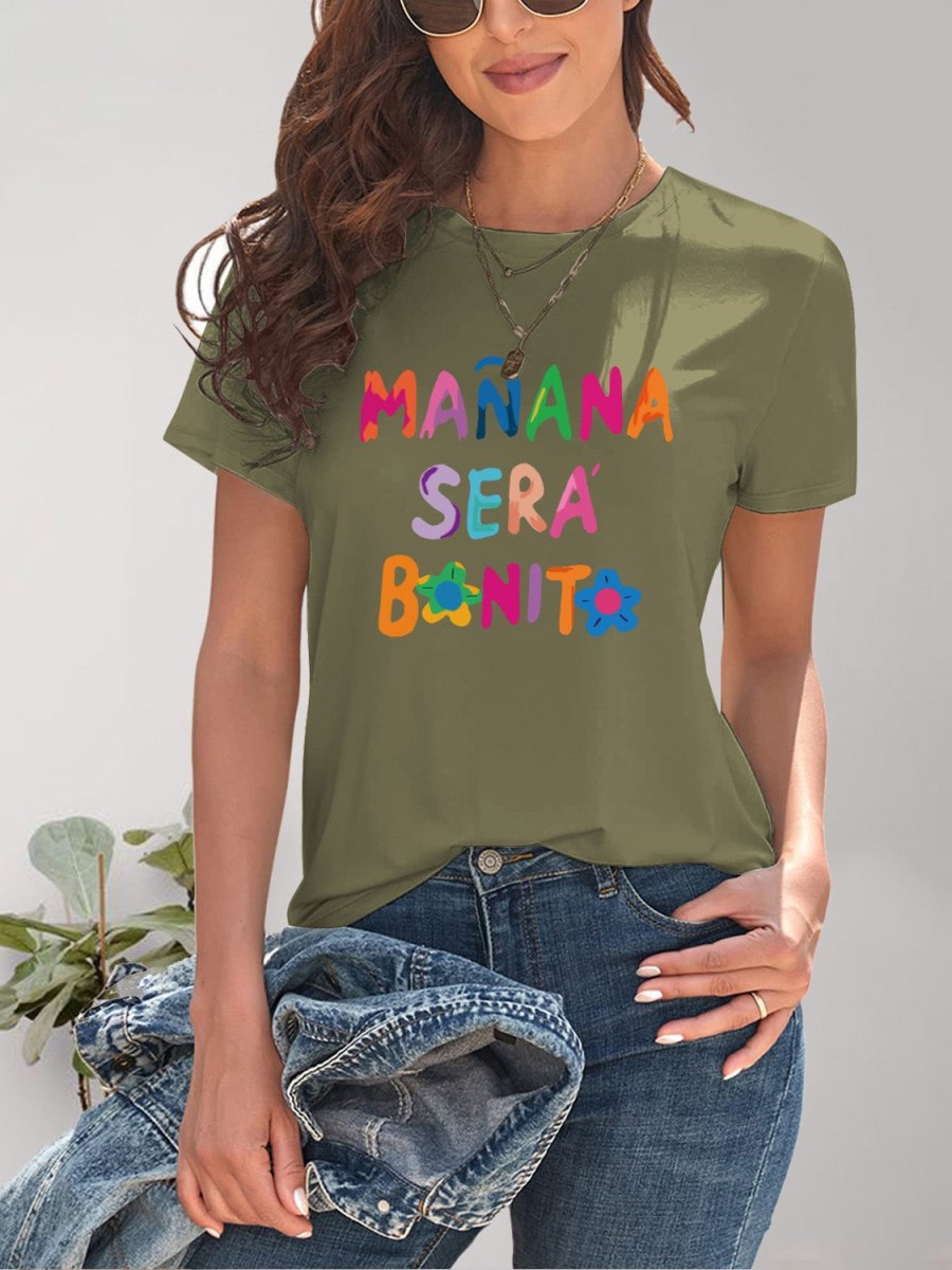 Letter Graphic Round Neck Short Sleeve T-Shirt - Top