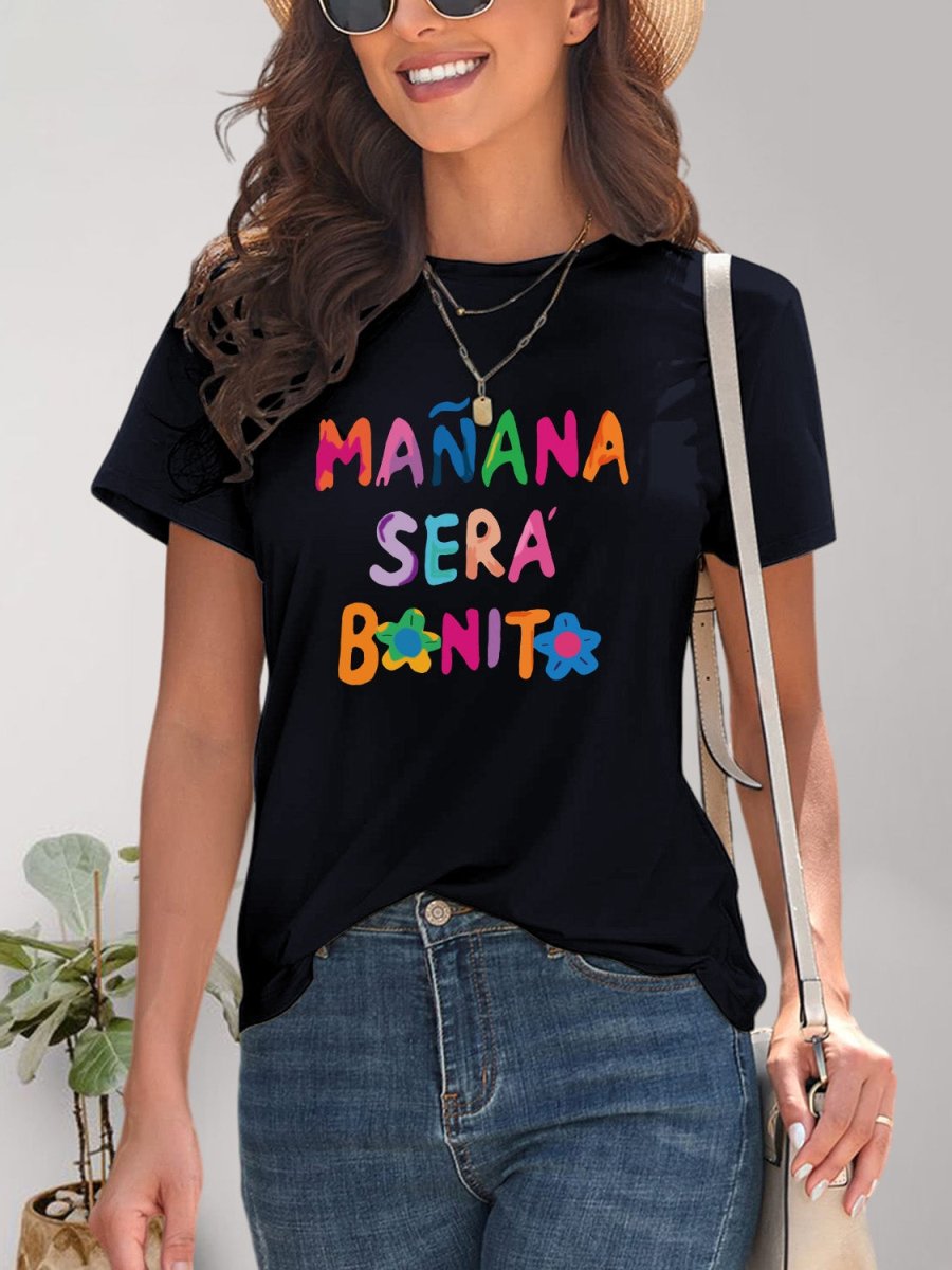 Letter Graphic Round Neck Short Sleeve T-Shirt - Top