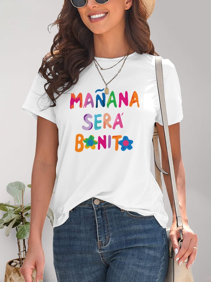 Letter Graphic Round Neck Short Sleeve T-Shirt - Top