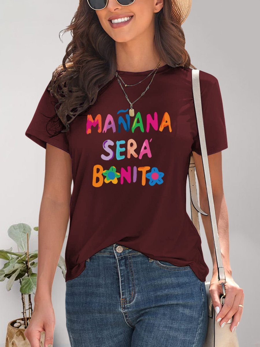 Letter Graphic Round Neck Short Sleeve T-Shirt - Top