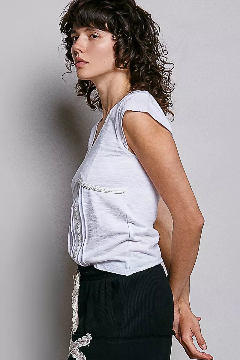 Lightweight Textured Knit Top with Lace Trim - 