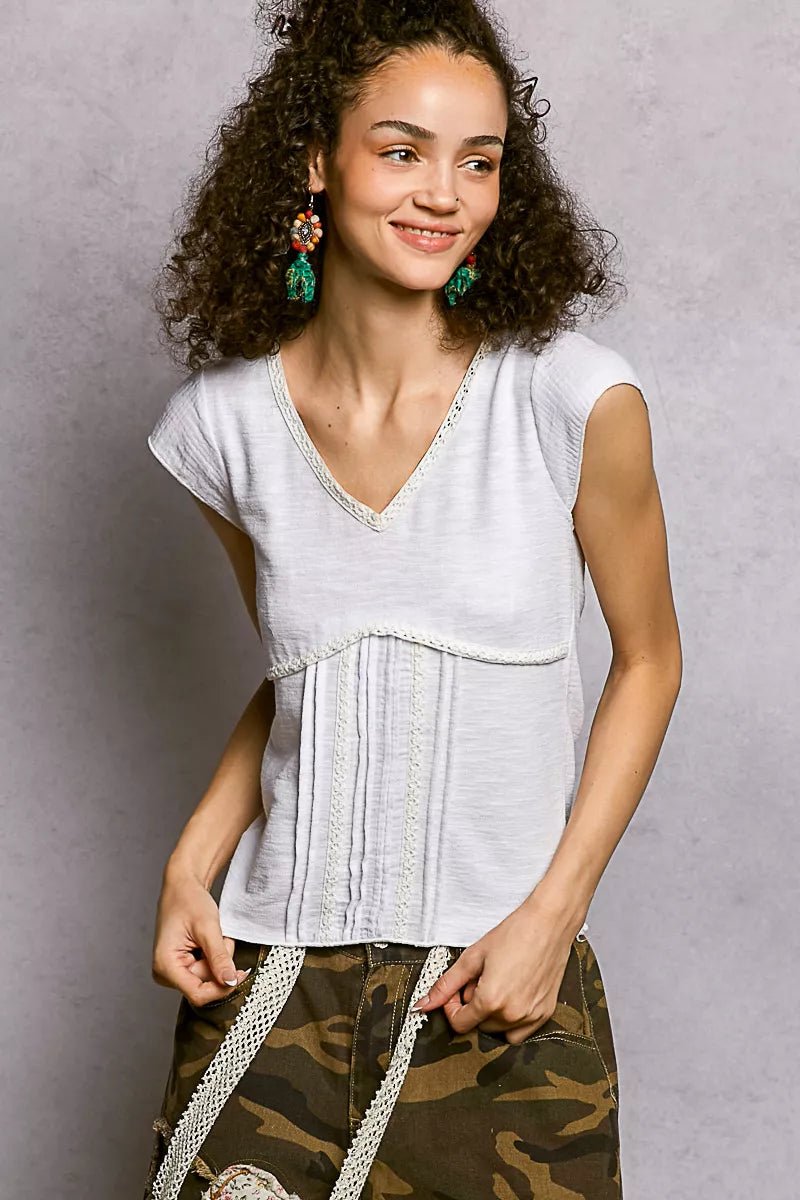 Lightweight Textured Knit Top with Lace Trim - 