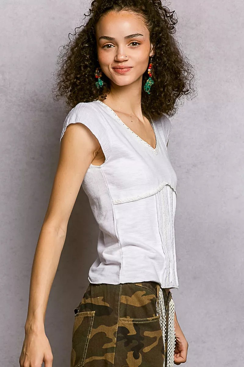 Lightweight Textured Knit Top with Lace Trim - 