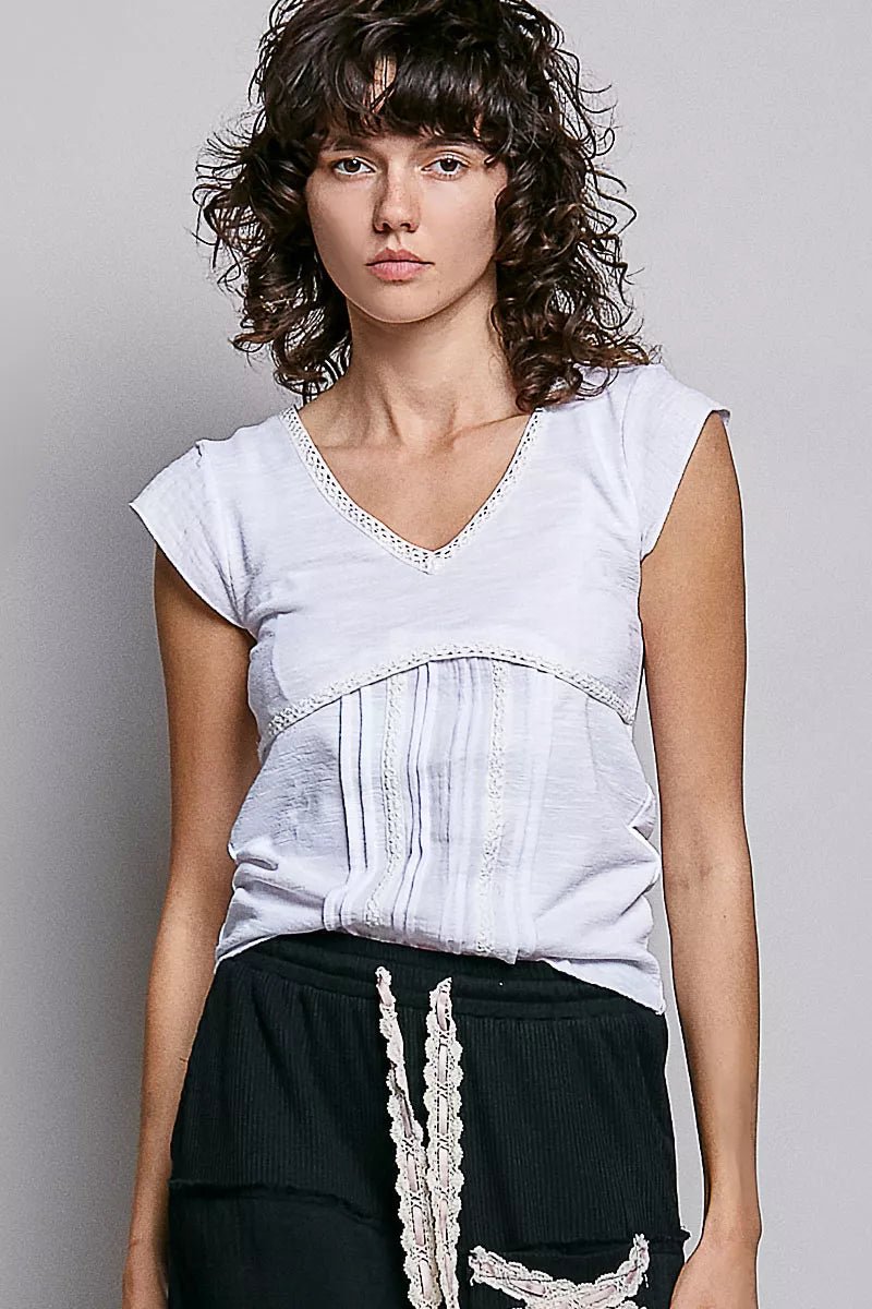 Lightweight Textured Knit Top with Lace Trim - 