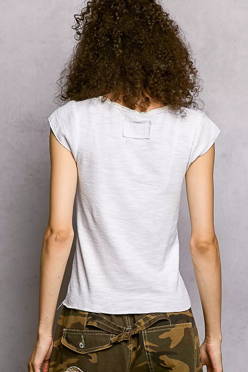 Lightweight Textured Knit Top with Lace Trim - 