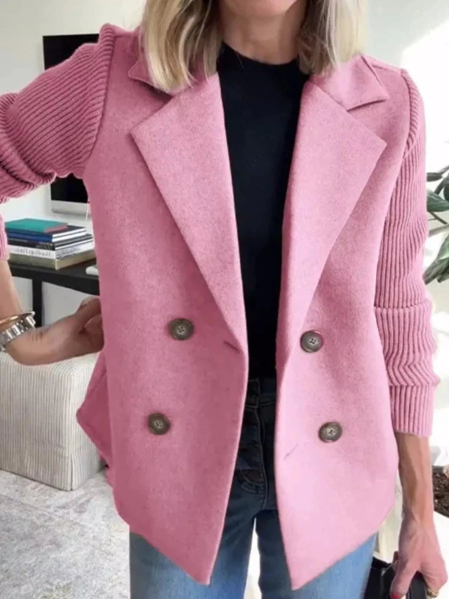 Lined Double - Breasted Knit Sleeve Outerwear - 