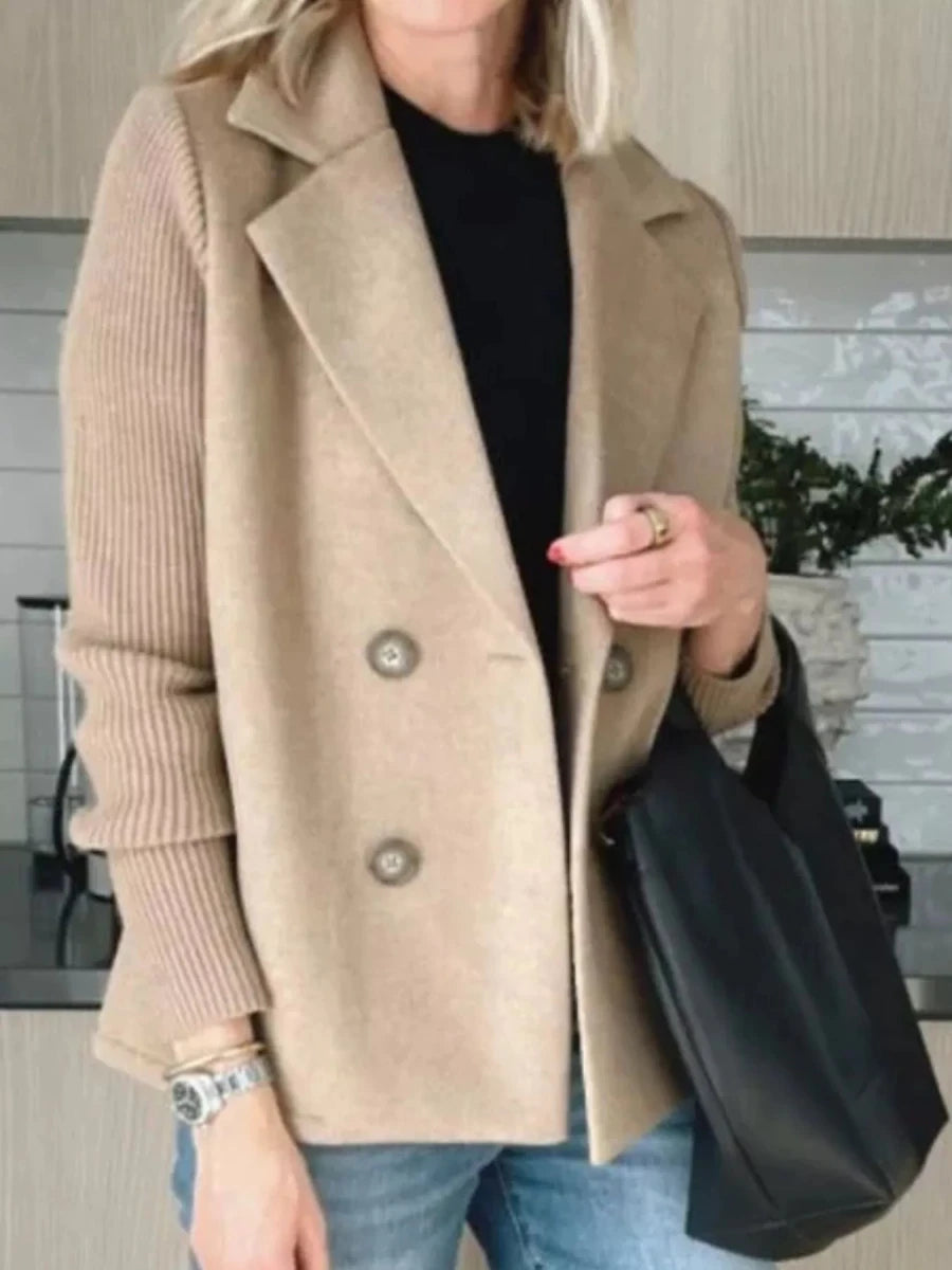 Lined Double - Breasted Knit Sleeve Outerwear - 