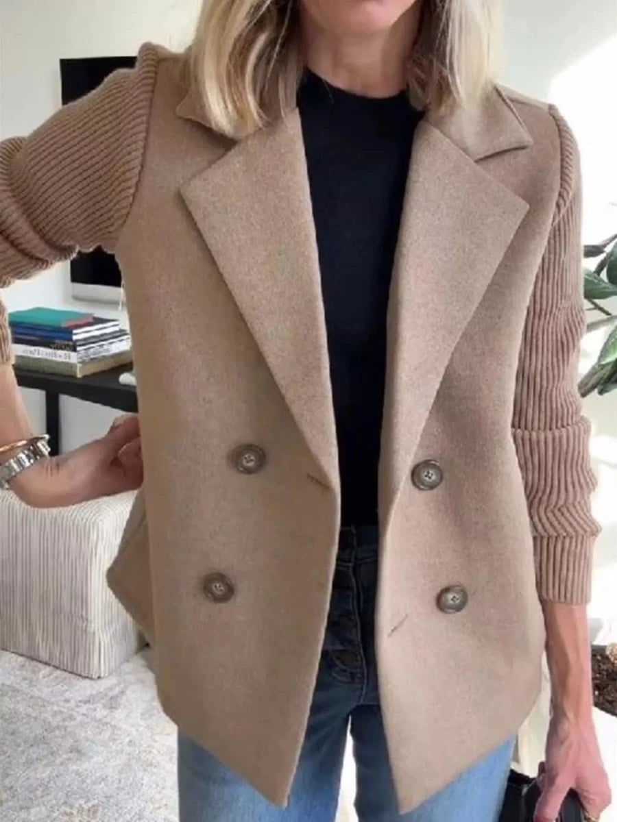 Lined Double - Breasted Knit Sleeve Outerwear - 
