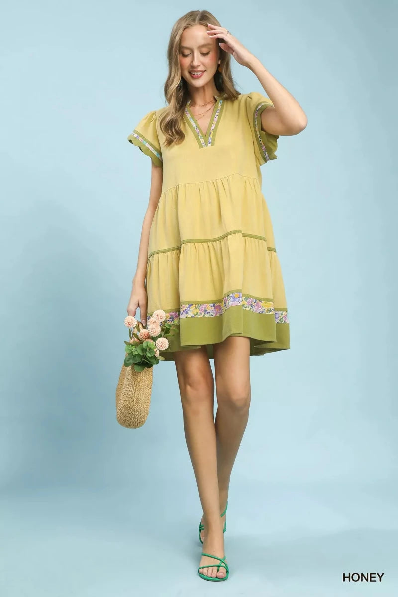 Linen Floral Trim Flutter Sleeve Dress - 