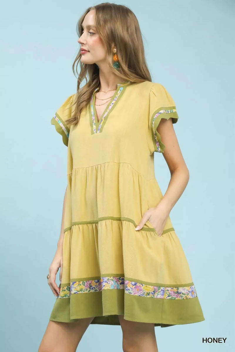 Linen Floral Trim Flutter Sleeve Dress - 