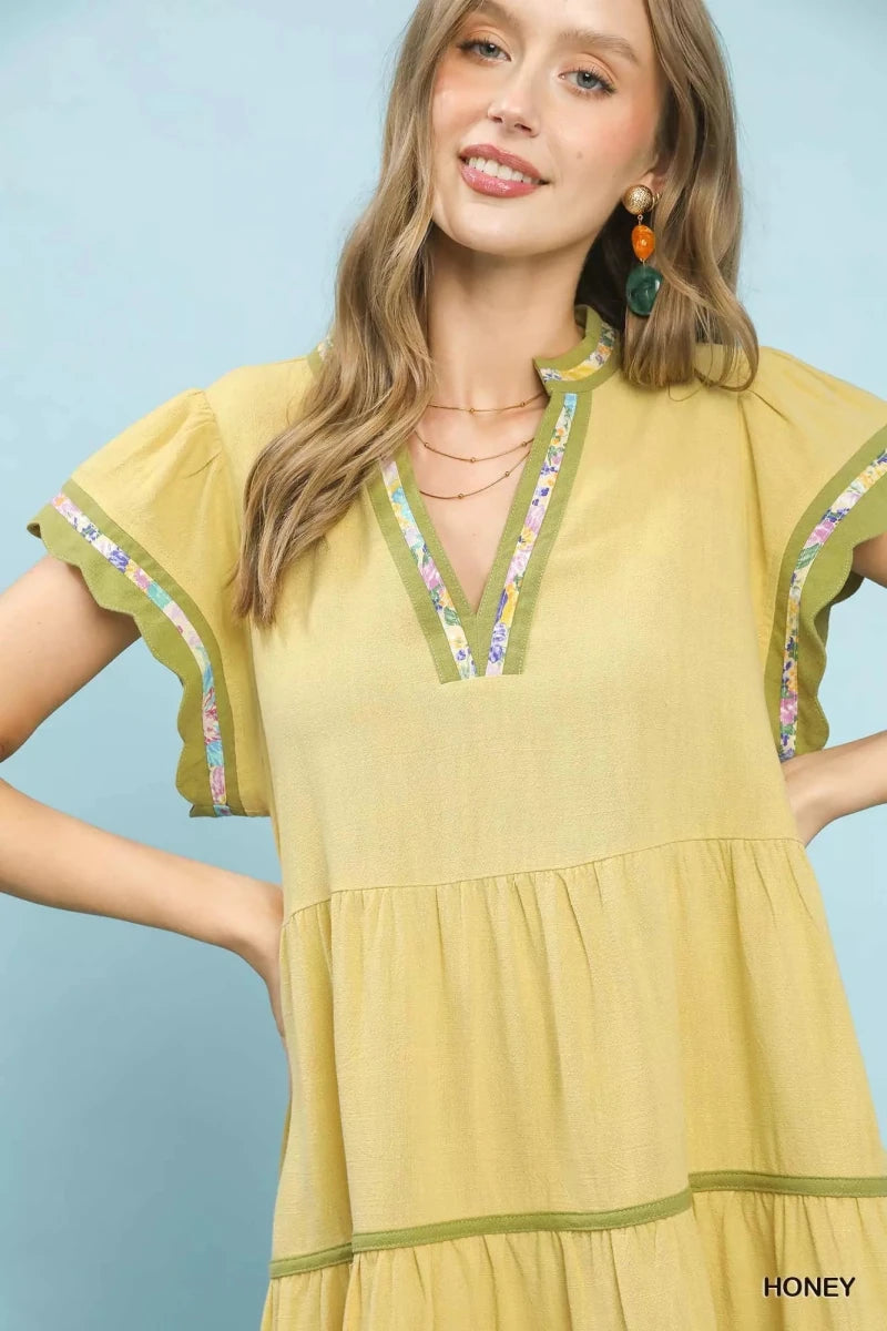 Linen Floral Trim Flutter Sleeve Dress - 