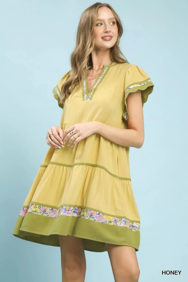 Linen Floral Trim Flutter Sleeve Dress - 
