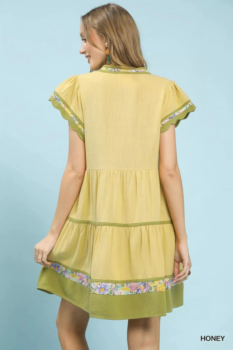 Linen Floral Trim Flutter Sleeve Dress - 