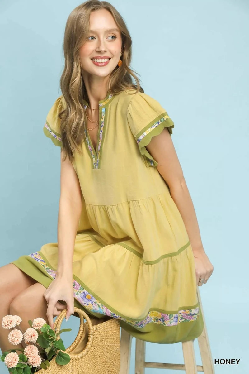 Linen Floral Trim Flutter Sleeve Dress - 