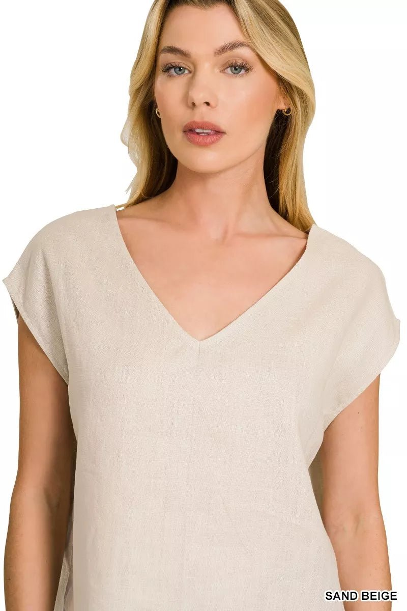 Linen V - Neck Sleeveless Top - 