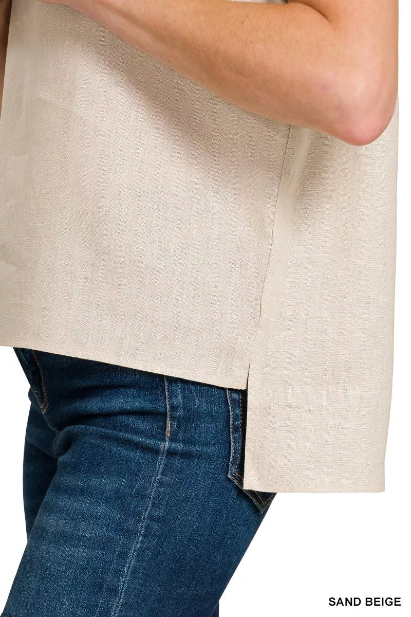 Linen V - Neck Sleeveless Top - 