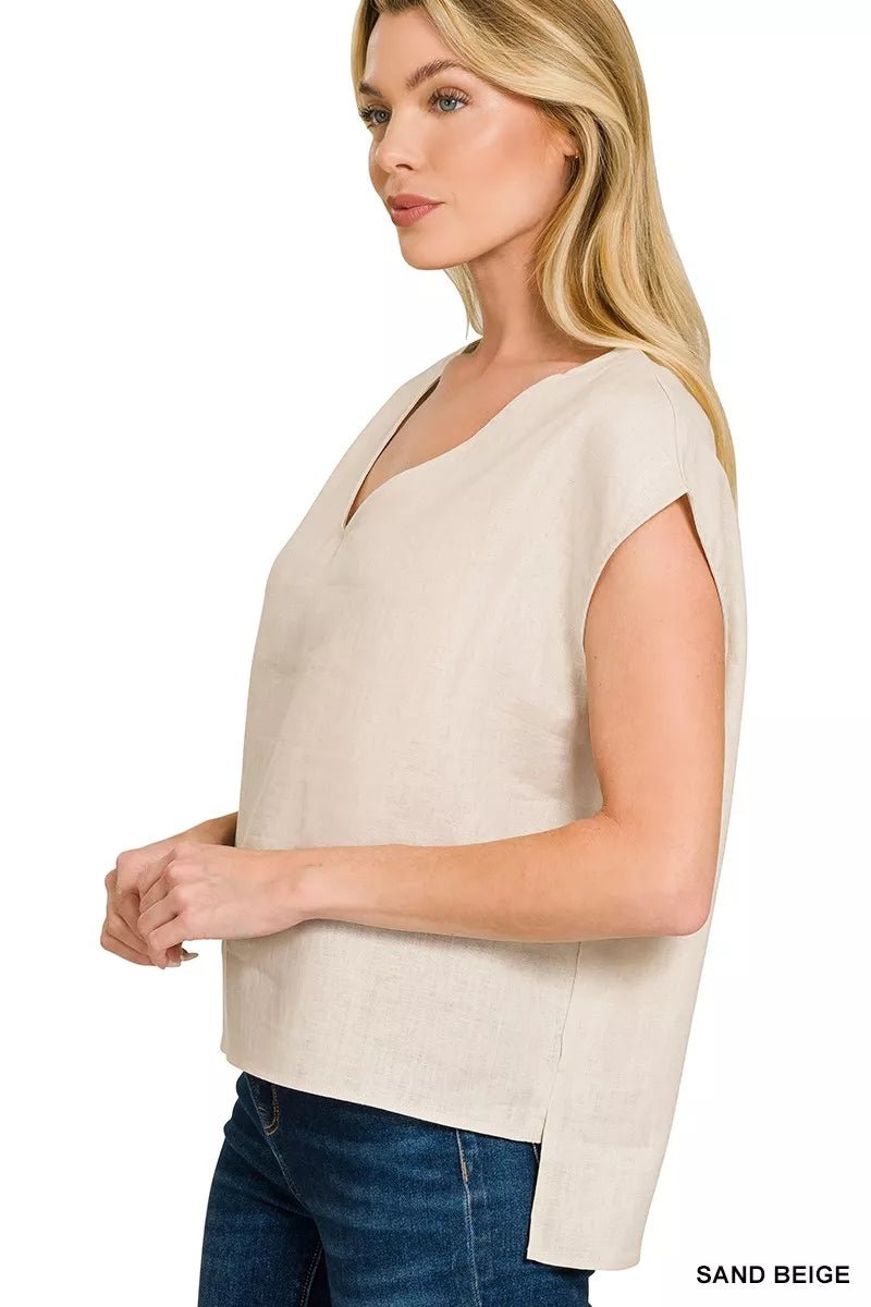 Linen V - Neck Sleeveless Top - 