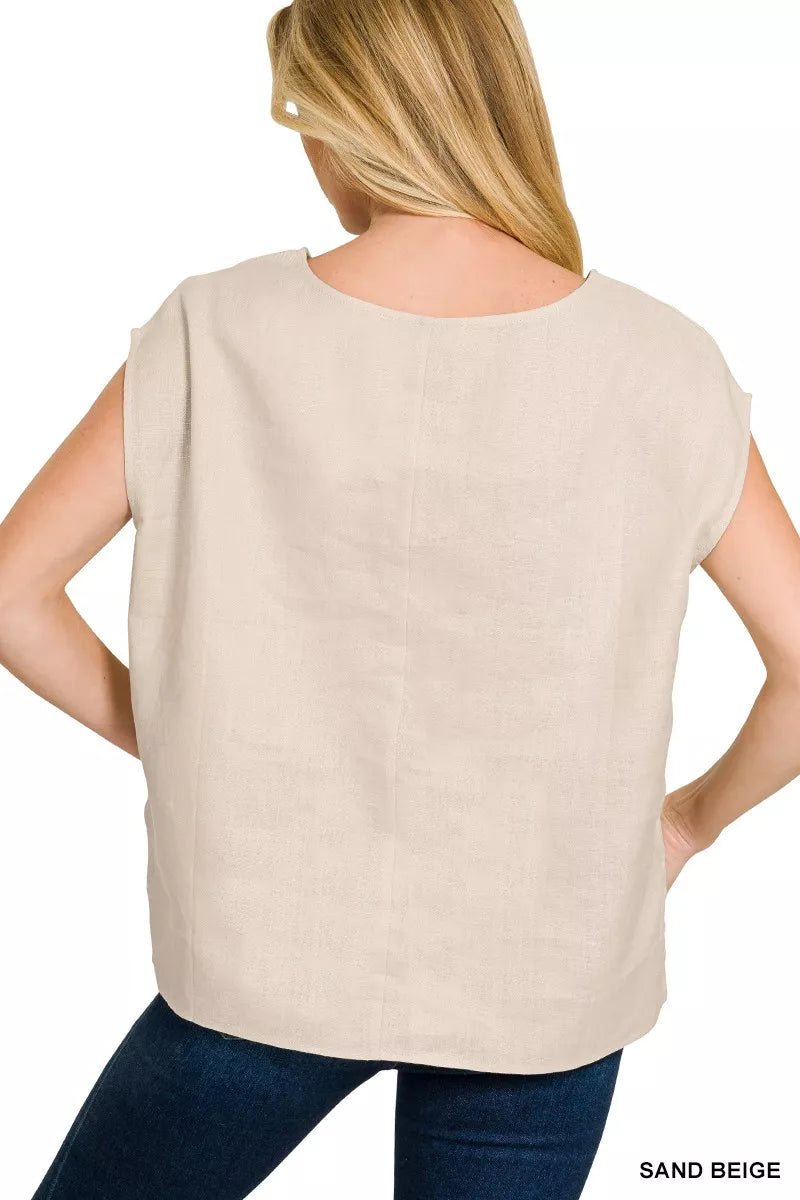Linen V - Neck Sleeveless Top - 
