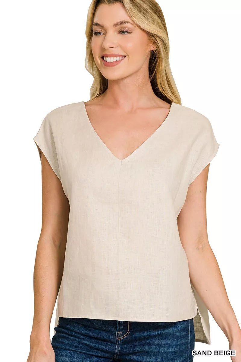 Linen V - Neck Sleeveless Top - 