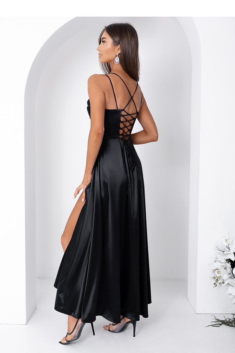 Long Black Dress with Slit and Lacing - 