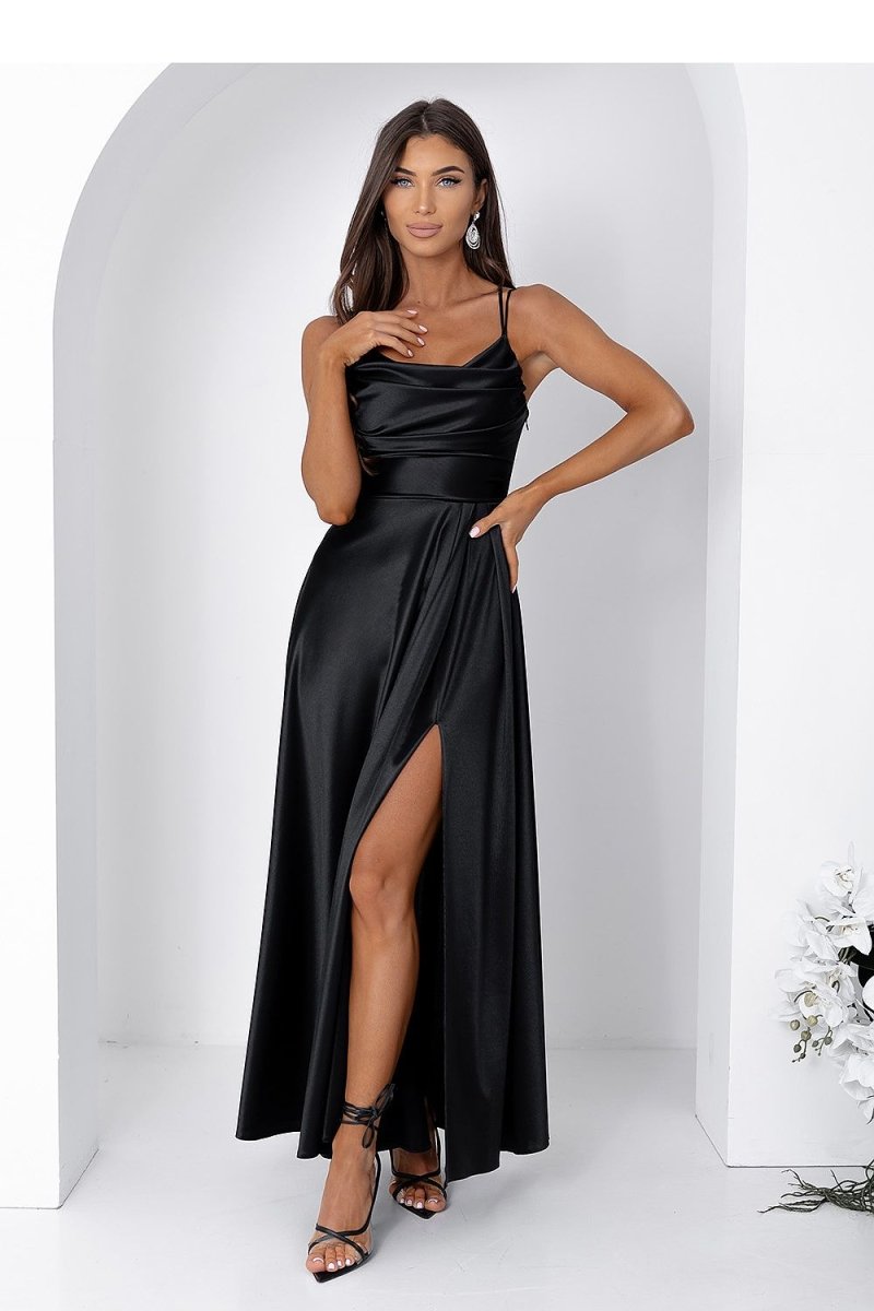 Long Black Dress with Slit and Lacing - 