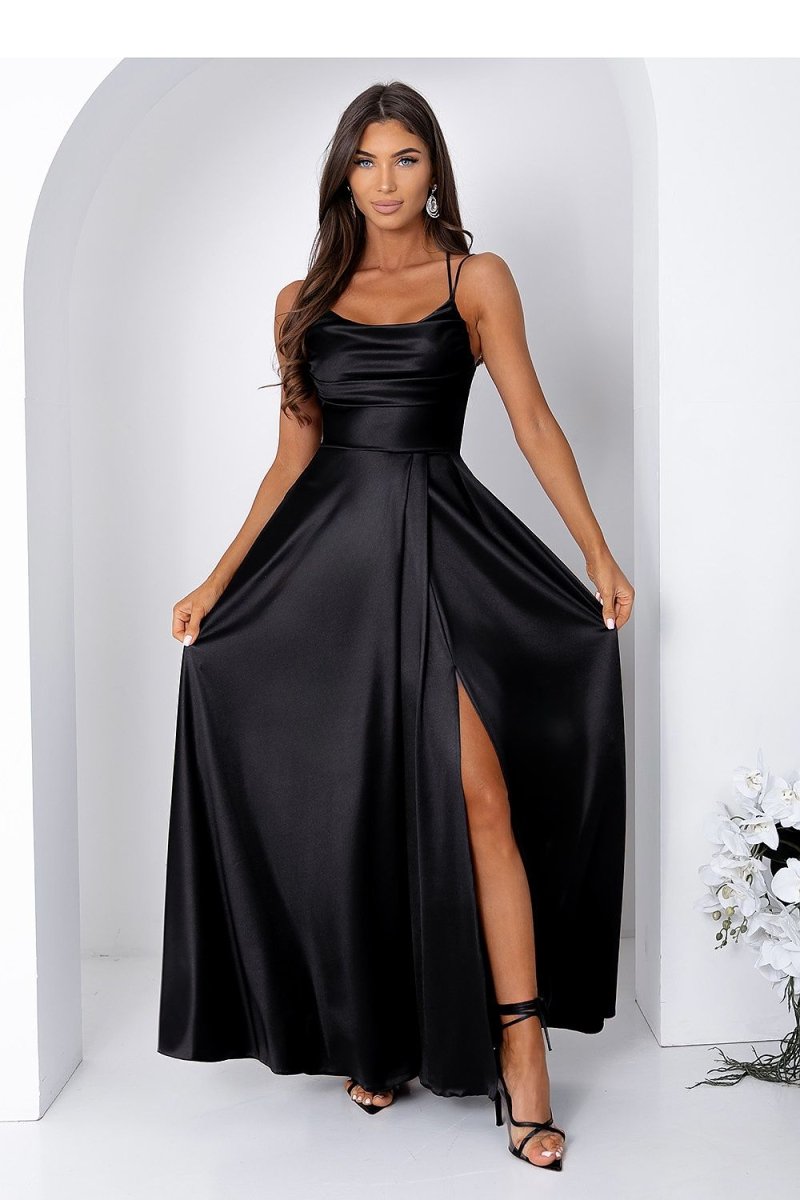 Long Black Dress with Slit and Lacing - 