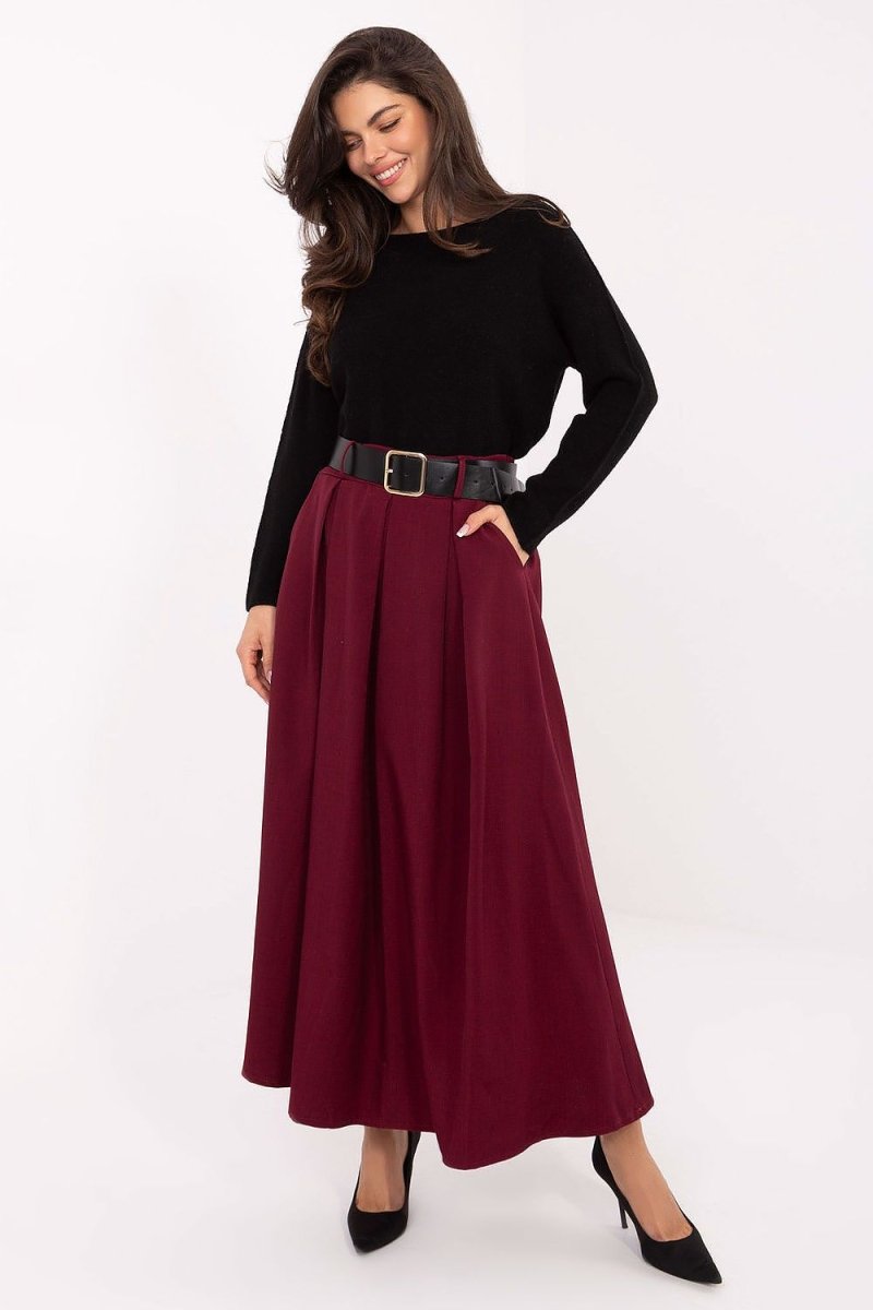 Long Flared Maxi Skirt with Belt - 