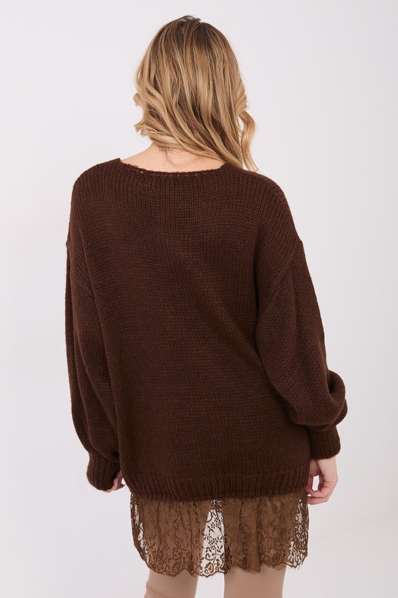 Long Lace Trim V - Neck Sweater - 