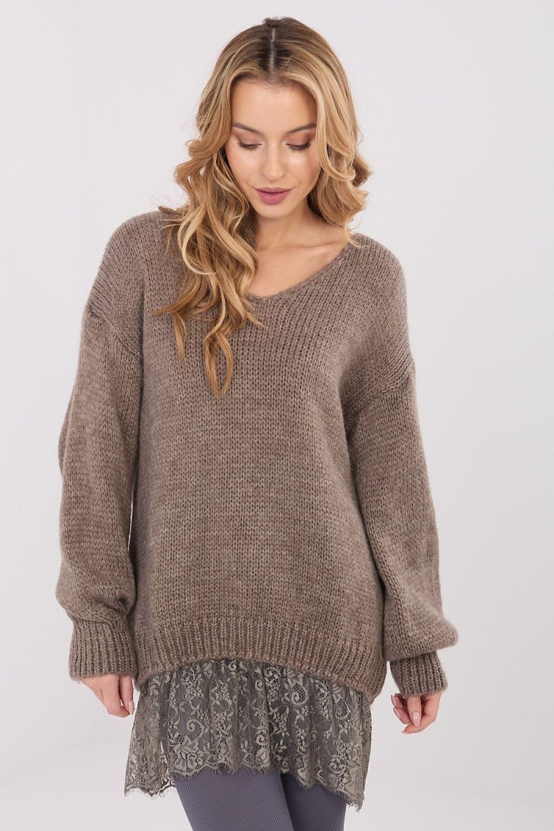 Long Lace Trim V - Neck Sweater - 