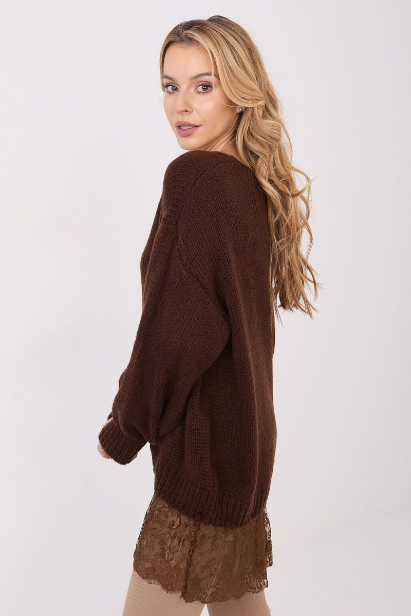 Long Lace Trim V - Neck Sweater - 