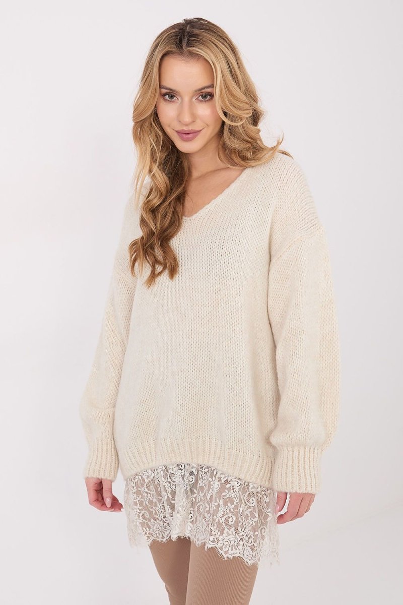 Long Lace Trim V - Neck Sweater - 