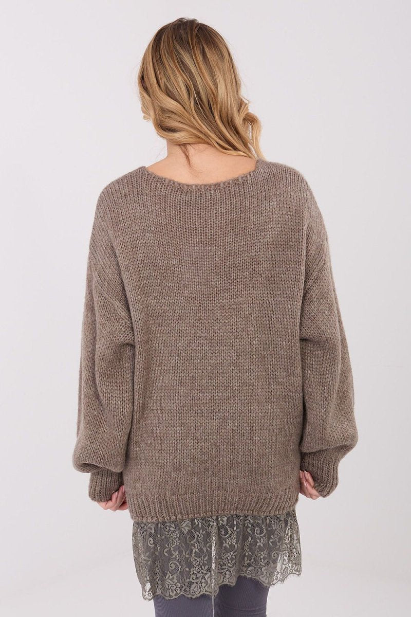 Long Lace Trim V - Neck Sweater - 