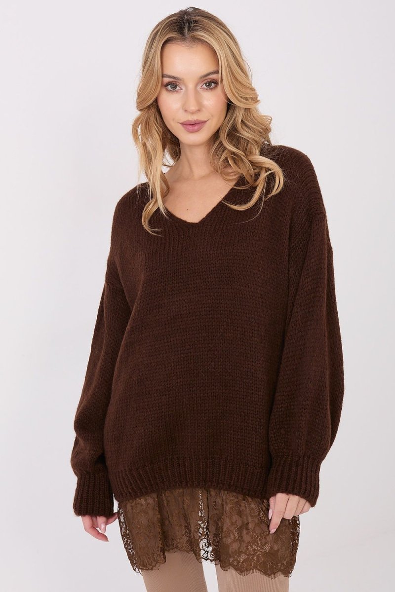 Long Lace Trim V - Neck Sweater - 