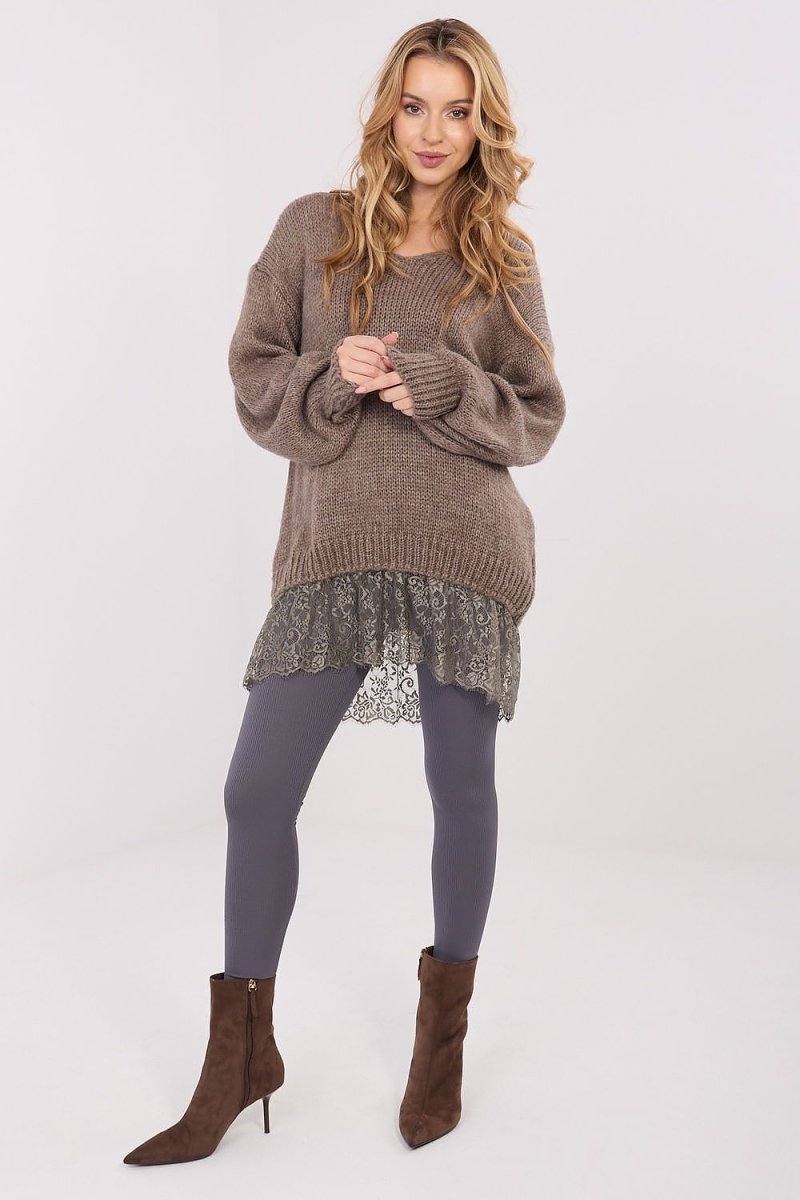Long Lace Trim V - Neck Sweater - 