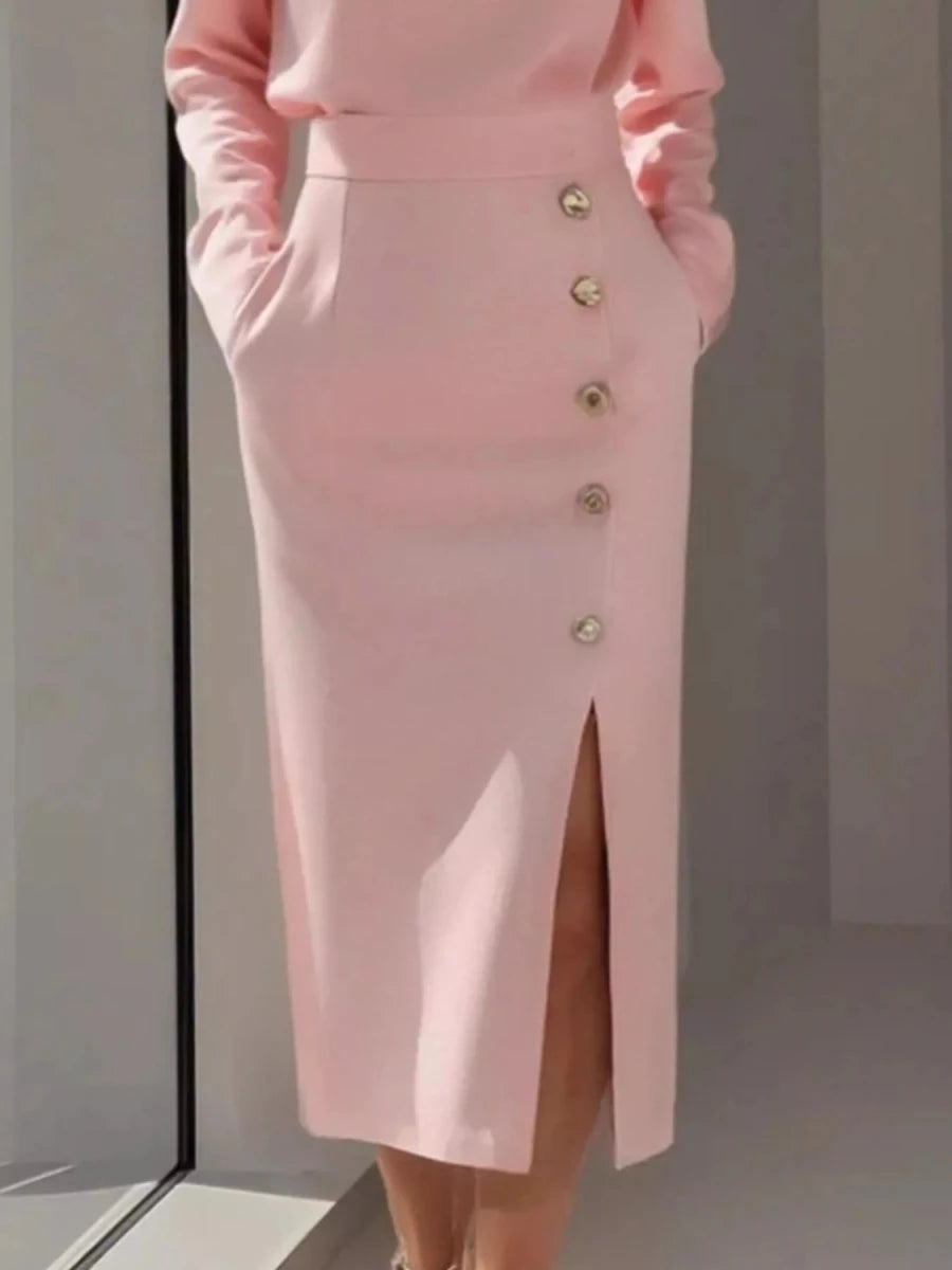 Long Sleeve Button Slit Midi Dress - 