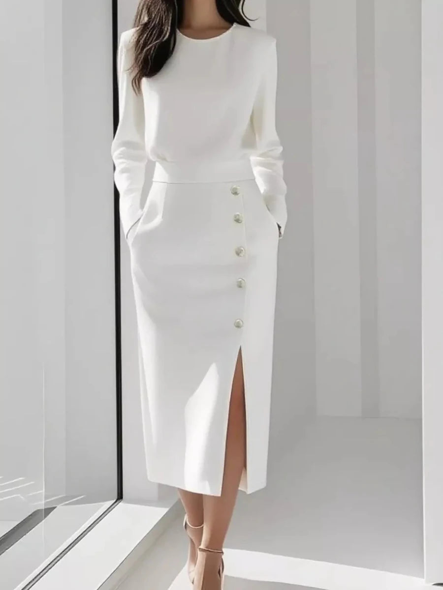 Long Sleeve Button Slit Midi Dress - 